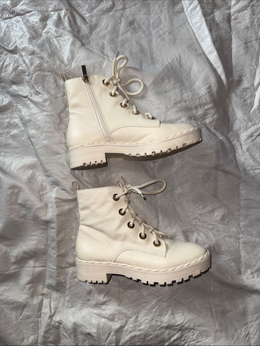 Lace-Up Cream Combat Boots with Side Zip